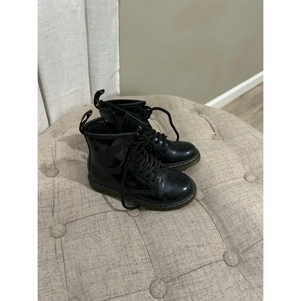 Kids Dr Martens‎ Black Patent Leather Lace Up Side Zip Boots Size: 11